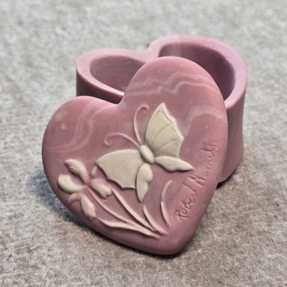 Robert Nemith Pink Heart Trinket Box Butterfly Floral Relief Carved Marbled
